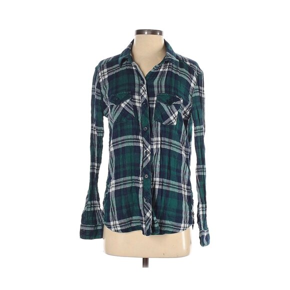 Beachlunchlounge Green & White Plaid Button Down Shirt Womens S Lightweight Cott - Picture 1 of 3